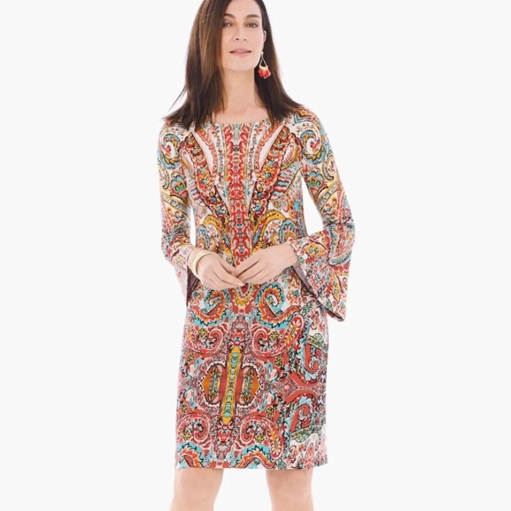 Chicos Paisley Bell Sleeve Dress Multicolor Knit Shift Stretch Boho 2 Large